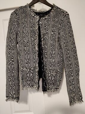 Atmosphere Black and White Knit Fringe Cardigan
